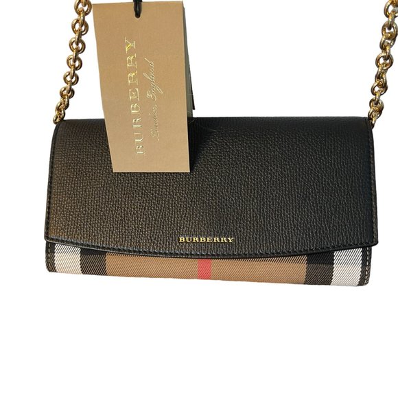 Burberry Henley Check Chain Crossbody Wallet Bag Leather & Fabric Black - Picture 1 of 13